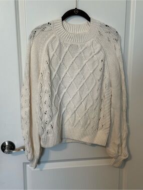 LOFT Ivory Cable Knit Openwork Sweater Balloon Sleeve Medium